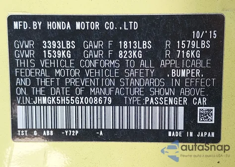 2016 Honda Fit Lx z USA, uszkodzony, nr VIN JHMGK5H55GX008679